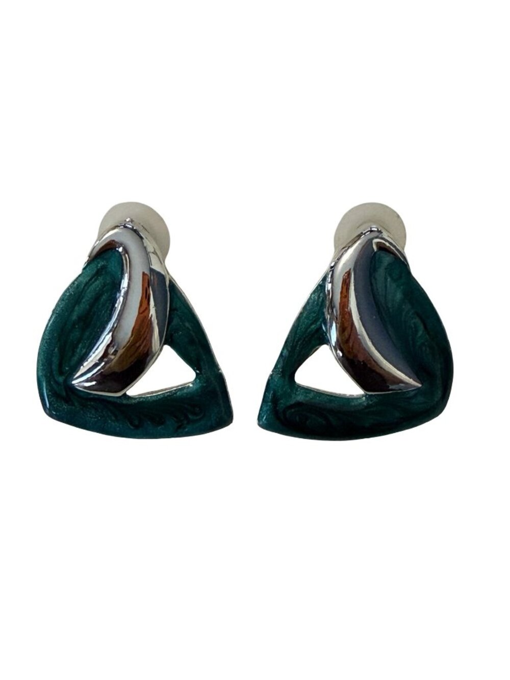 Vintage Green Enamel Silver Tone Triangle Clip On Earrings Abstract Geometric 1x